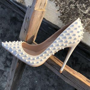 Kostenlose Versandgebühr, neuer Stil, lässig, Designer, weißes Lackleder, Spikes, spitze Zehen, High Heels, Pumps, Braut, Hochzeit, Party-Schuhe, 12 cm, große Größe 44