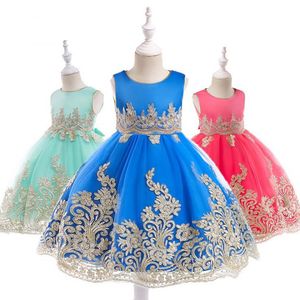 INS Flower Girls wedding dress gold lace gauze Kids embroidery princess Ball Gown palace style children Bows belt party dress Y1105