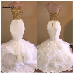 Casamento sexiga sjöjungfrun kvällsklänningar guldapplikationer Lace Ruffles Tiered Prom-kappor Zipper Open Back Robe de Marie