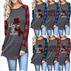 Plaid T-shirts Girl Plus Size Långärmad Toppar Jul O Neck Shirt Brev Skriv ut Höst Tees Bomull Casual Blouse Xmas Elk Blusas YP6695