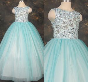 Glitter Aqua Ball Gown 2020 Abiti da spettacolo per ragazze Perline Fiori Cristalli Paillettes Compleanno Abito da laurea Abito da ragazza di fiori per matrimonio