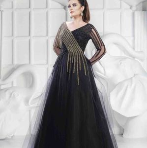 Black Arabic A Line Evening Dresses V Neck Long Sleeves Plus Size Prom Gowns Floor Length Tulle Formal Dress 415