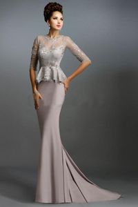 أم متواضعة لفساتين العروس حفل زفاف الضيف فستان جوهرة الرقبة نصف دانتيل ساتان طويلة العباءات المسائية 257T