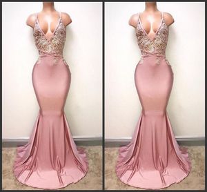 2020 Nowy Sexy Backless Dusty Ducky Różowy Prom Dresses Mermaid Spaghetti Appliqued Zroszony Długi Train Party Suknie Custom Made Dessing Evening Wear