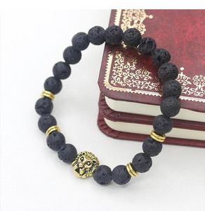 Pulseiras charme bonito antigo banhado a ouro Buda Leo leão pulseira cabeça pedra de lava negra frisada pulseiras para mulheres dos homens pulseras hombre