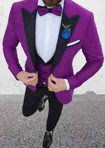 Fashion Purple Groom Tuxedos Peak Lapel Groomsman Wedding 3 Piece Suit Fashion Men Business Prom Jacket Blazer(Jacket+Pants+Tie+Vest) 2869