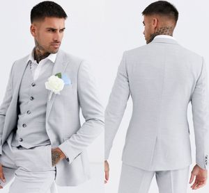 Helt ny ljusgrå Tre Piece Groom Tuxedos Notch Lapel Två Knapp Män Blazer Män Business Formell Prom Suit (Jacket + Pants + Vest)