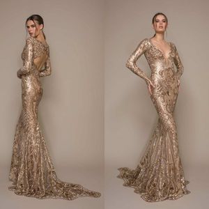 2020 Illusion Mermaid Evening Dresses Long Sleeves V Neck Lace Sequined Party Robe De Soiree Backless Sexy Prom Gowns