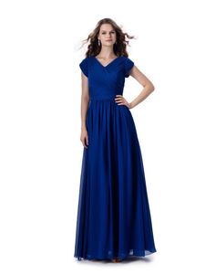 Royal Blue Plats Szyfonowa A-Line Długie Skromne Suknie Druhna z Płatkami Rękawami V Neck Długość Długość Kobiet Formalne Modest Druhna Suknie