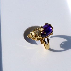 Men's Women's Antique 18 K Solid Gold GF 3D Luck Wealth Pixiu Purple Onyx Small Diamond CZ Eyes Filigree Ring Size Open