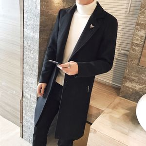Xiu Luo 2019 남성 외투 중간 긴 재킷 코트 따뜻한 겨울 두꺼운 캐주얼 망모 양모 블렌드 자켓