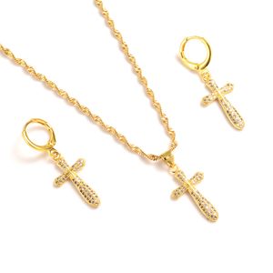 New african Jewelry Sets Fine yellow gold GF crystal Cross white inlay CZ Pendant Necklace For Women Chain girls kids party