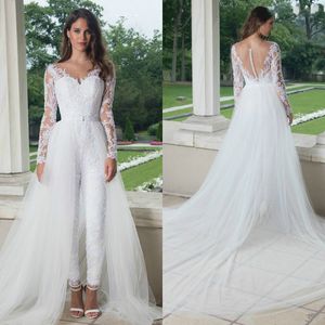 흰색 점프 수트 드레스를 깎을 수있는 기차 긴 소매 레이스 아플리케 신부 의상 국가 웨딩 가운 vestidos de novia
