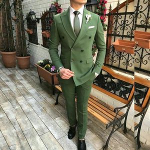 Classic Double-Breasted Olive Green Groom Tuxedos Peak Lapel Men Suits 2 pieces Wedding/Prom/Dinner Blazer (Jacket+Pants+Tie) W893