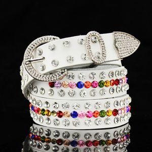 New trendy Fashion luxury designer sparkling beautiful colorful zircon crystal white woman leather belt with 3 layers of diamonds