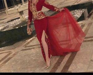 Burgundy Red Long Sleeve Prom Formal Dresses 2020 Gold Lace Embroidery Arabic Kaftan Dubai Evening Dress with Overskirt