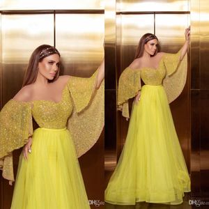 Sparkly Yellow Tulle Prom Dresses With Wrap Sleeve Beading Sequins Off The Shoulder Evening Dress Formal Party Wear Reception Second Gowns