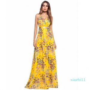 Mode-lente en zomer Dames Bloemenprint Mouwloos sexy Boho Jurk Avondjurk Feest Lange Maxi Jurk Zomerzonnejurk Casual Jurken