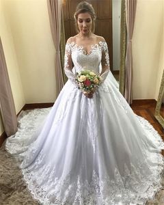 2020 Новый белый тюль с длинным рукавом шарин свадебные платья свадебные платья кружева аппликация свадебные платья Bling длинный поезд Vestidos de Novia