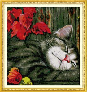 Maple Leaf and Sleeping Cat Room Decor Paintings, Handgjorda Cross Stitch Craft Tools Broderi Needlework Sets Rotted Print på Canvas DMC 14ct / 11ct