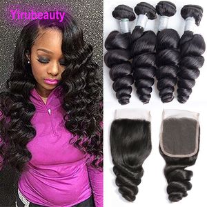 Brazilian Human Hair 4 Bundles With 4X4 Lace Closure Middle Free Three Part Loose Wave Bundles With Closure 5 Pieces/lot Curly