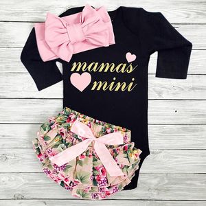 Frühling Herbst Kinder INS Sets Baby Mädchen Langarm Mamas Mini Brief Print Romper + Blumen Druck PP Hosen + stirnbänder 3 stücke Anzüge