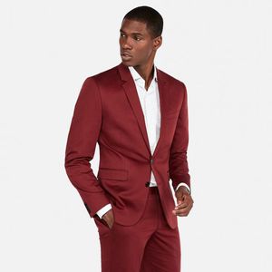 Dark Red Slim Fit Mens Suits Wedding Grooms smoking intaglio Lapel sportiva del vestito Due Pezzi promenade (Jacket + Pants)