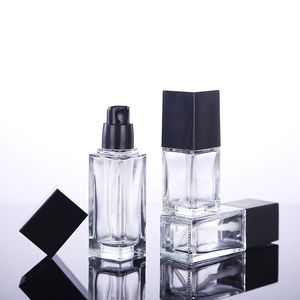 15 20 30 40ML Empty Clear Square Glass Emulsion Essence Bottle With Black Pump Head Cosmetic Containers For Lotion Cleanser Body Cream