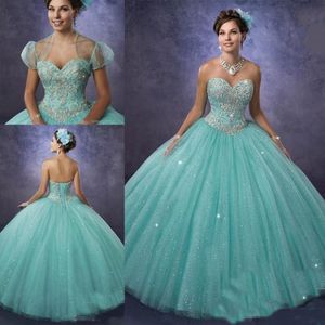 Vestidos de 15 Anos Quinceanera Klänningar med Bolero och Sweetheart Neckline 2019 Billiga Princess Aqua Prom Klänningar Tulle Custom Made