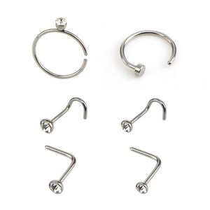 Mixed 6pcs/set 316L Stainless Steel Nose Eyebrow Studs Lip Nailing Ring Geometric C 7 Shape Rhinestone Piercing Jewellery