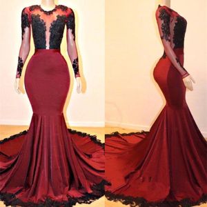 Sheer Jewel Neck Mermaid Evening Formal Dresses 2020 Illusion Long Sleeve Burgundy Black Lace Applique African Prom Dress Wear