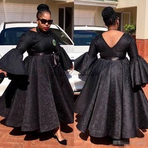 Plus Black Girl Size Lace Prom Dresses Tea Length Long Poet Sleeves Jewel Neck V Back Vintage A Line Formal Evening Party Gowns intage