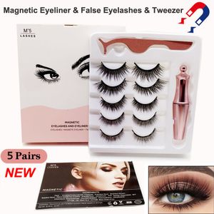 5 pares Magnetic pestanas falsas + Líquido Eyeliner + Pinça Kit ímã 3D atualizado falsos cílios maquiagem set Natural reutilizável Não cola necessária