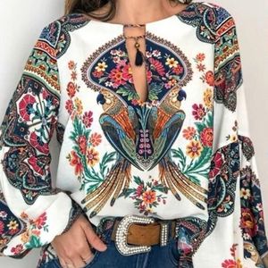 2020 Sommar S-5XL Kvinnor Bohemian Kläder Blusskjorta Vintage Blommor Tryck Toppar Dam Blusar Blusa Feminina Plus Storlek V-Neck Kläder