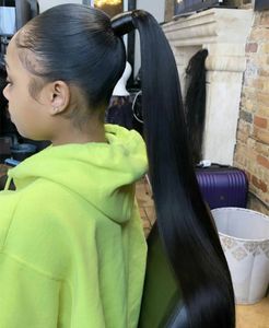 Brazylijski dziewiczych klipsów do włosów w ponytail owijający wokół jedwabistych prostych włosów przedłużacz 20 calowy hairpiece 140g- czarny kolor