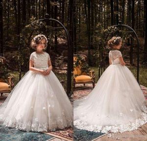 Blume Mädchen Kleider Für Hochzeiten Jewel Neck Volle Spitze Kurzen Ärmeln Sweep Zug Party Geburtstag Kinder Kommunion Mädchen Pageant Kleider