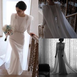 2020 Modest Bohemian Simple Jewel Long Sleeve Button Pears Feather Mermaid Wedding Dresses Satin Wedding Gowns Sweep Train robe de mariée