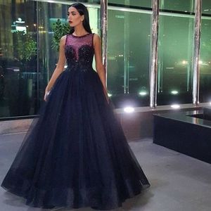 Black Puffy Saudi Arabia Evening Dresses Lace Beaded crew Long Prom Gowns Shiny Crystal Sexy Evening Dress Backless Lady Formal Dress