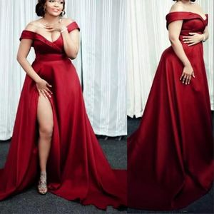 Vintage Arabic Dark Red Ball Gown Evening Dresses Wear Off The Shoulder Satin Side Split Sweep Train Plus Size Formal Prom Gowns Party Dress