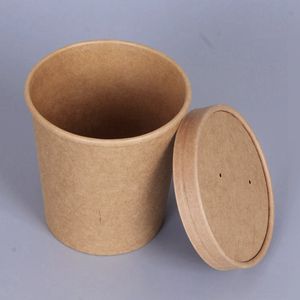 Kraft Paper Cups Disposable Cups with Cover for Soup Ice Cream Dessert Cake Party Tableware Bowls