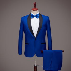 Smoking da sposo blu royal da sposa nuovo stile due pezzi scialle nero risvolto abiti formali da uomo su misura (giacca + pantaloni + fiocco)