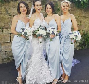 2019 Billiga Sky Blue Bridesmaid Dress Spaghetti Straps Split Long Garden Formell Bröllopsfest Guest Maid of Honor Gown Plus Size Custom Made