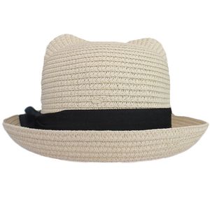 Damska dziewczyny Vintage Kot Uchód Melonik Słomy Kapelusz Sun Summer Beach Roll-up Bowknot Cap