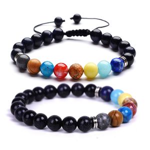 Oito planetas Natural Pedra contas pulseiras de cadeia para mulheres dos homens amantes Galaxy Solar Sistema Lava Rock Yoga Chakra Charme Bangle DIY Jóias