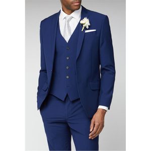 Royal Blue Mens Passar Groomsmen Bröllop Tuxedos Tre Pieces Designer Blazers Peaked Lapel Formell Dress Suit (Jacka + Vest + Byxor)