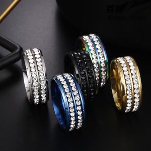 Ny stil två rader kristallring rostfritt stål diamantringar engagemang bröllopsring för kvinnor män mode juden