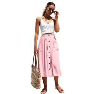 Mulheres Casual Flared A-Line Saia de cintura alta plissada Midi saia com bolso Único Breasted Moda de Nova