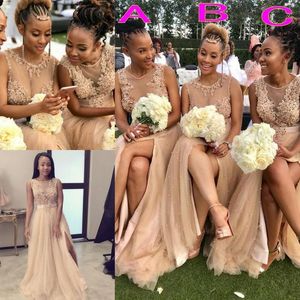 Wholesale blush beaded bridesmaid dresses for sale - Group buy 2020 Blush Pink Bridesmaid Dresses Scoop Neck Beaded Pearls Side Slit Tulle Lace Applique Ribbon Illusion Maid of Honor Gown Plus Size