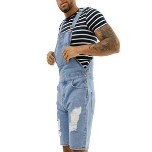 Mäns Jeans 2021 Pocket Mens Jumpsuits byxor Sommar Retro Distressed Denim Bib Overaller för män Manlig Classic Suspender Short