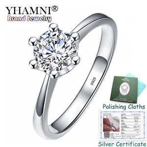 Yhamni har certifikat Original 925 Silver Wedding Promise Ring Solitaire 6mm 1 Carat Cubic Zircon Engagement Ringar för Bride JZR040